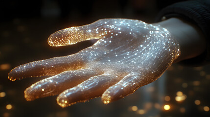Fototapeta premium close-up of a hand covered in sparkling, glowing particles, creating a magical and ethereal effect against a dark background, symbolizing wonder and creativity