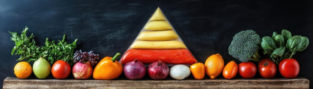 A teacher drawing the food pyramid on the board, teaching about nutrition