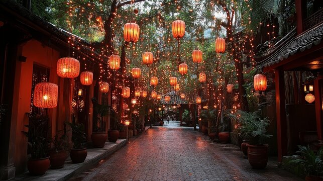 Charming alleyway adorned with vibrant lanterns, enchanting warm lights creating a magical evening atmosphere in a lush tropical garden setting