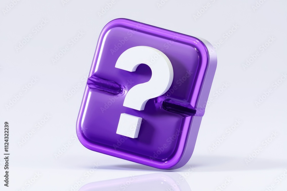 Poster a purple square with a white question mark in the center symbolizes inquiry, uncertainty, or a need 