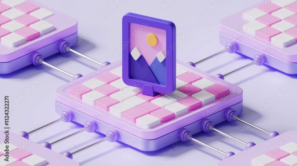 Poster 3D render of image data transfer, connected blocks with picture icon.