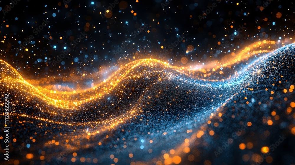 Poster dynamic waves of light and color with a beautiful sparkling effect in bright blue and orange, creati