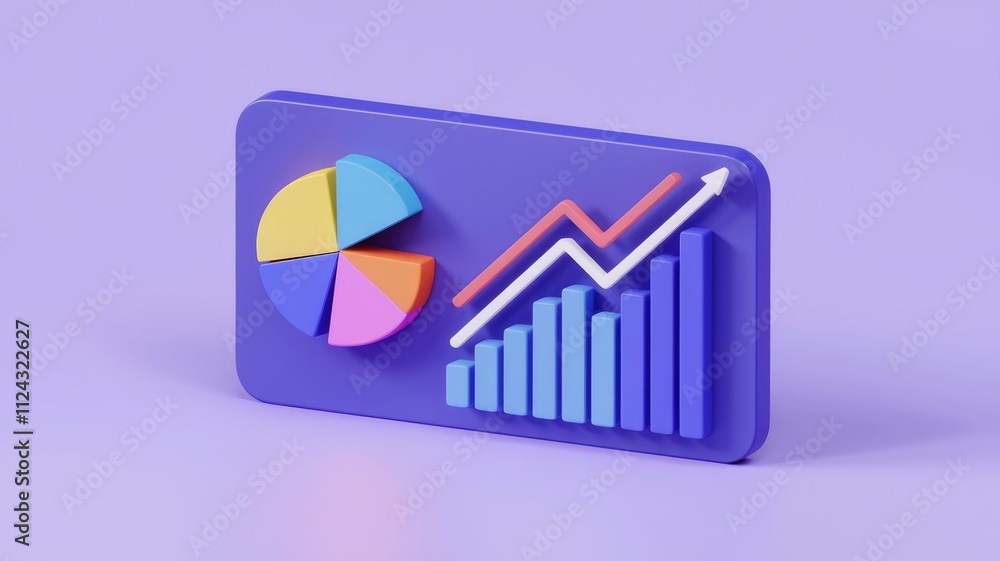 Aufkleber 3D render of pie chart and bar graph showing upward trend, symbolizing growth and progress.