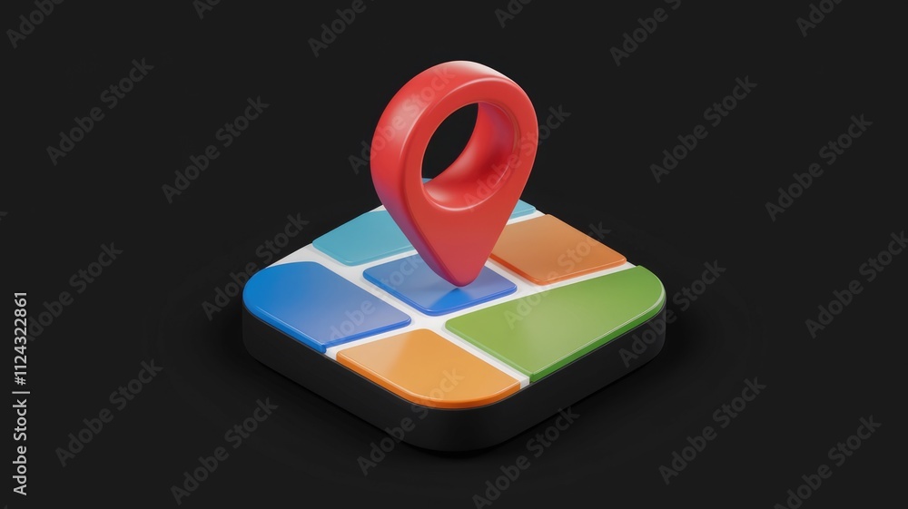 Fototapete A 3D rendering of a red location pin on a colorful square map, symbolizing geolocation or navigation.