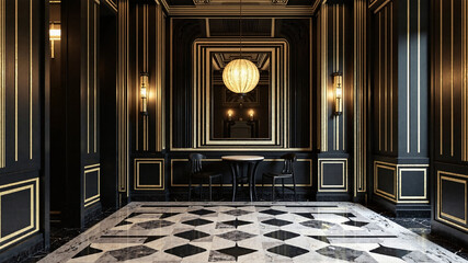 Art Deco revival interior with black and white geometric patterns and gold accents for a luxurious atmosphere