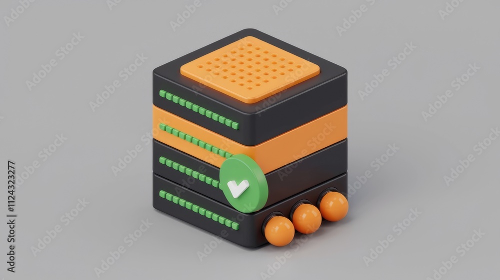 Poster 3D render of a stylized server rack with a green checkmark indicating successful operation.