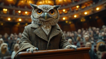 A regal owl dressed in a miniature professor&acirc;&euro;&trade;s coat, perched on the edge of a podium in a grand lecture hall, addressing an audience of animals in a formal and academic setting 
