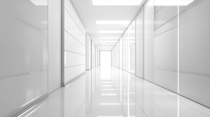 Fototapeta premium Minimalist White Hallway with Bright Lighting and Reflective Surfaces