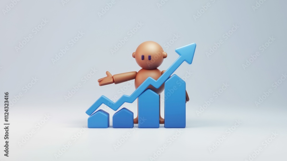 Poster 3d render of a cartoon character presenting upward trending graph, showing growth and success.