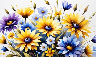 Obraz premium Colorful floral burst: vibrant yellow and blue flowers in bloom