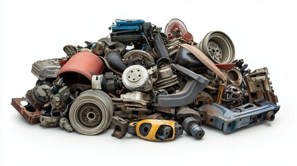A pile car parts, bumpers in front of a lot of different sizes of piles, on white background