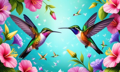 Colorful hummingbirds soaring among vibrant flowers in a tropical paradise