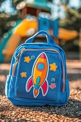 Colorful Rocket Sticker on Backpack in Playful Schoolyard Setting for Kids' Accessories Design