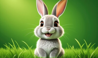 Adorable cartoon bunny in green grass: a whimsical nature scene