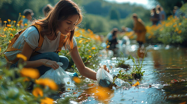 A diverse group of people of various ethnicities cleaning up litter along a tranquil riverbank, surrounded by lush greenery, wildflowers, and clear, flowing water, all joyfully working together.
