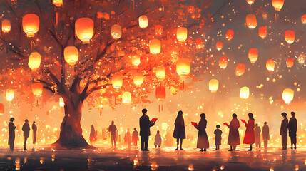 Fototapeta premium A heartwarming illustration of people writing their New Year's resolutions on red paper and hanging them on a wishing tree