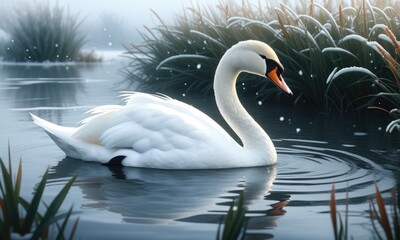 Obraz premium Elegant swan gliding on a tranquil misty lake at sunrise
