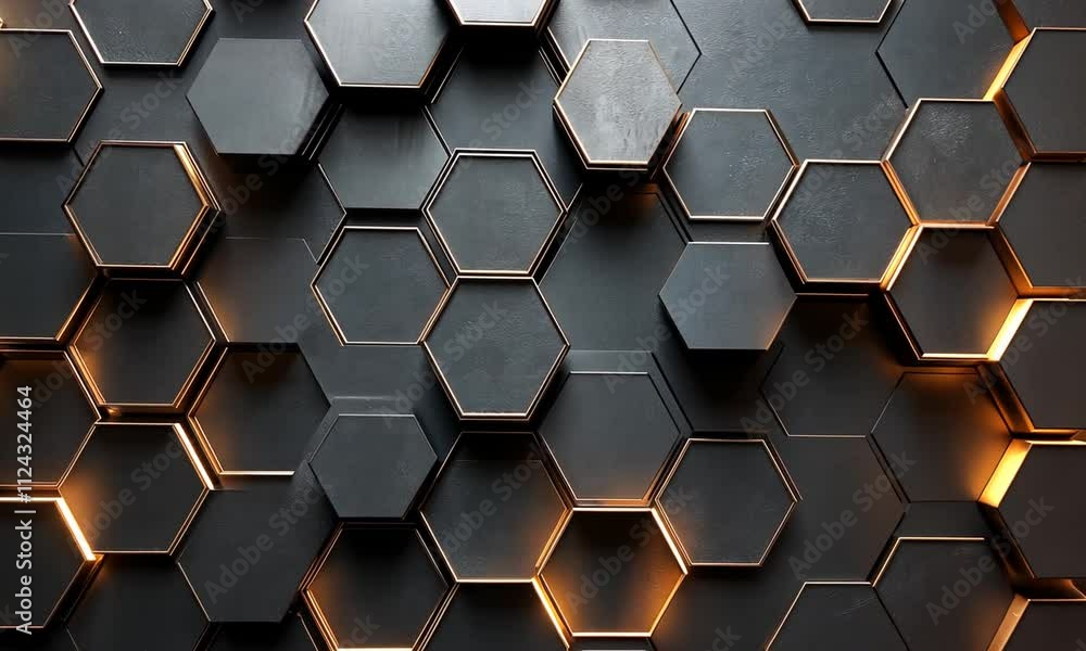 Poster abstract dark hexagon pattern background with gold accents.