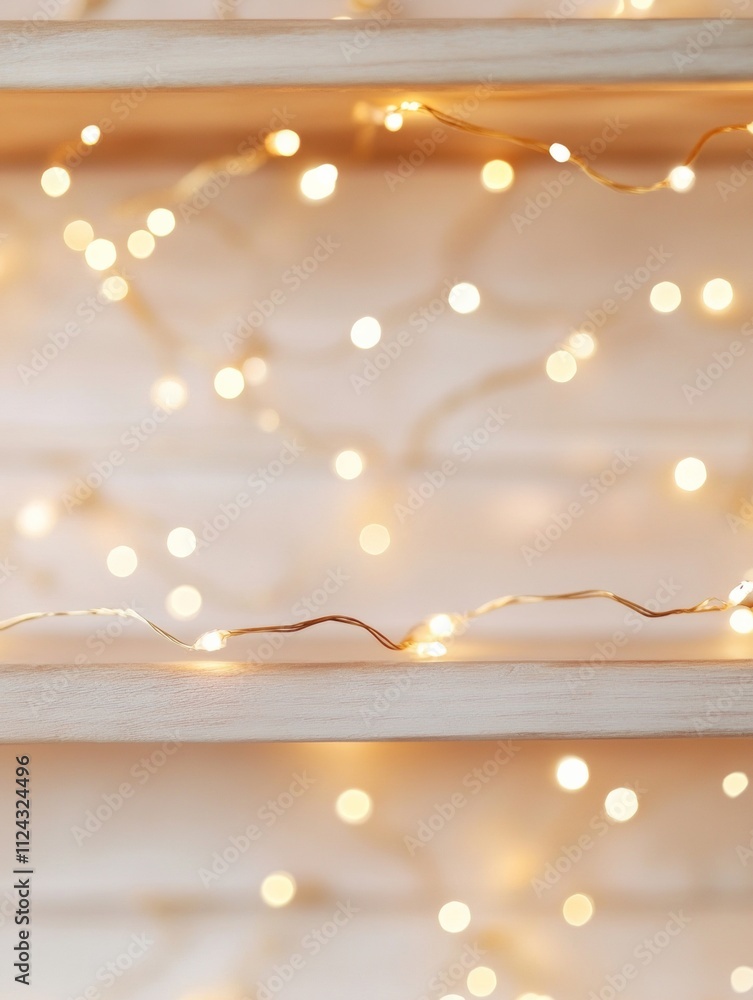 Poster cozy winter vibes shelves adorned with glowing fairy lights in a nostalgic setting