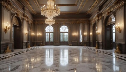 Fototapeta premium Grand foyer with crystal chandeliers and polished marble floor, chandeliers, discerning taste