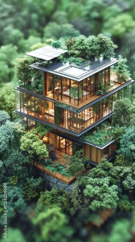 Poster sustainable architecture blends seamlessly with the surrounding forest, featuring multiple levels of