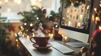 Festive Digital Advent Calendar Display on Decorated Desk for Christmas Cheer