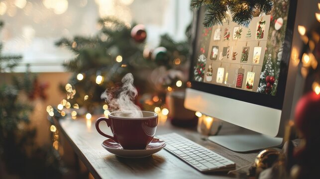 Festive Digital Advent Calendar Display on Decorated Desk for Christmas Cheer