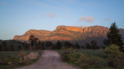 A dirt road leads towards a cypress forest and then the sunlit cliffs of Rawnsley Bluff and other...