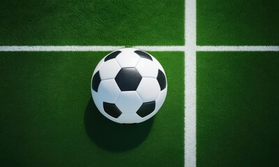 Soccer ball on green field with white lines in sunlight
