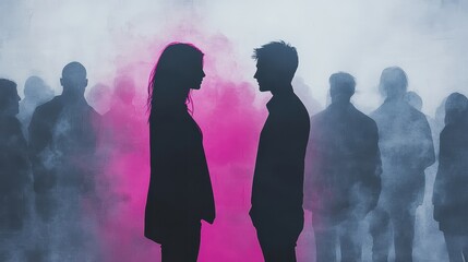 Pink silhouette of couple standing in monochrome crowd of different people,surreal unique and different concept,loneliness in society,shadow,freedom,Love,be yourself,Stand out from the crowd.
