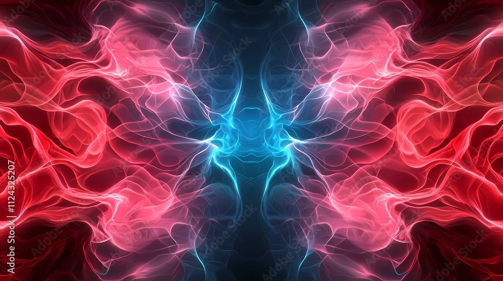 Poster the image contains an abstract, symmetrical design featuring flowing, luminous forms in shades of re