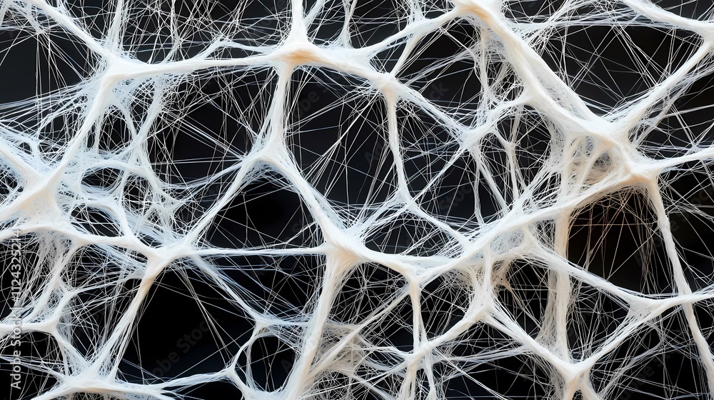 Poster the image shows a complex network of thick, off-white strands resembling a spiderweb or a tangled ma