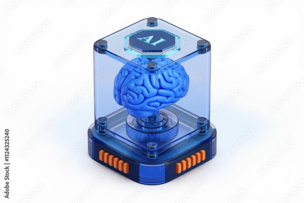 Poster a blue brain model encased in a transparent ai-labeled cube, symbolizing artificial intelligence.