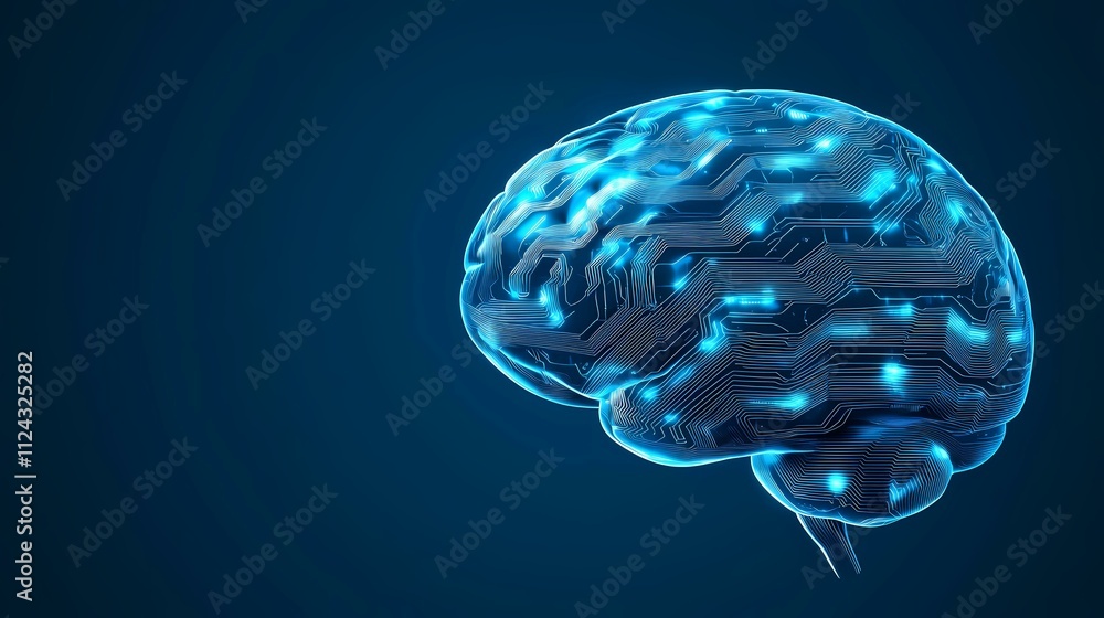 Aufkleber the image contains a three-dimensional rendering of a human brain, depicted with glowing blue lines 