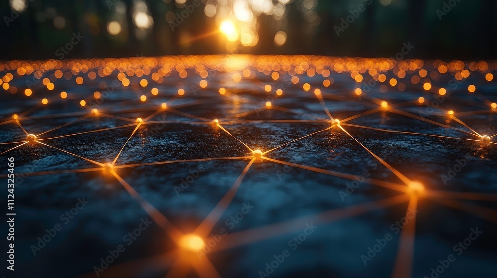 Poster a stunning view of glowing connections on a textured surface in a forest at twilight, featuring an a