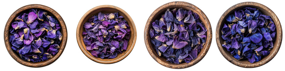 A Set of Dried Butterfly Pea Flowers in a Rustic Bowl for Colorful Tea and Beverage Presentations