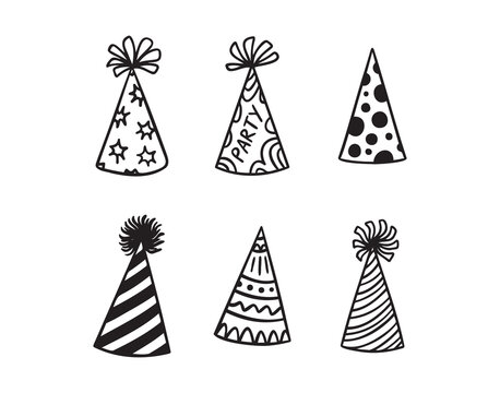 Fototapeta Festive party hats hand drawn doodle funny set. Party hats drawing outline elements set.