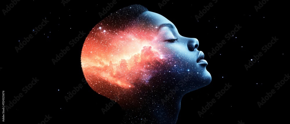 Poster creative double exposure of dreamy cosmic reflectionethereal portrait digital art space tranquil moo