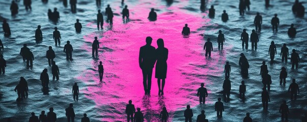 Obraz premium Pink silhouette of couple standing in monochrome crowd of different people,surreal unique and different concept,loneliness in society,shadow,freedom,Love,be yourself,Stand out from the crowd.