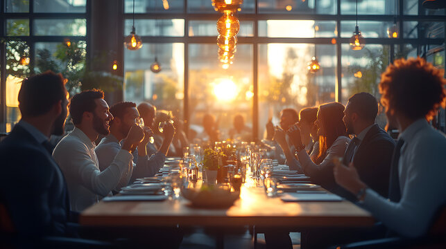 large group of people toasting and enjoying a formal dinner at a long table in a beautifully lit restaurant, with a stunning sunset visible through the glass windows.