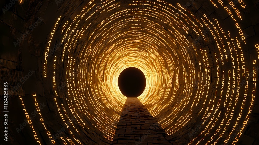 Poster a dark, stone tunnel glows with lines of illuminated, futuristic text curving towards a distant, bla