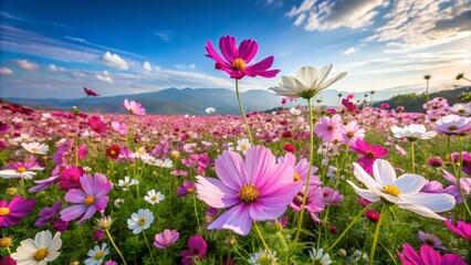 Vibrant flower fields in scenic landscape nature photography bright sunny day panoramic view