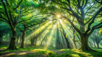Obraz premium Serene forest photography sunlight filtering through trees in a nature scene