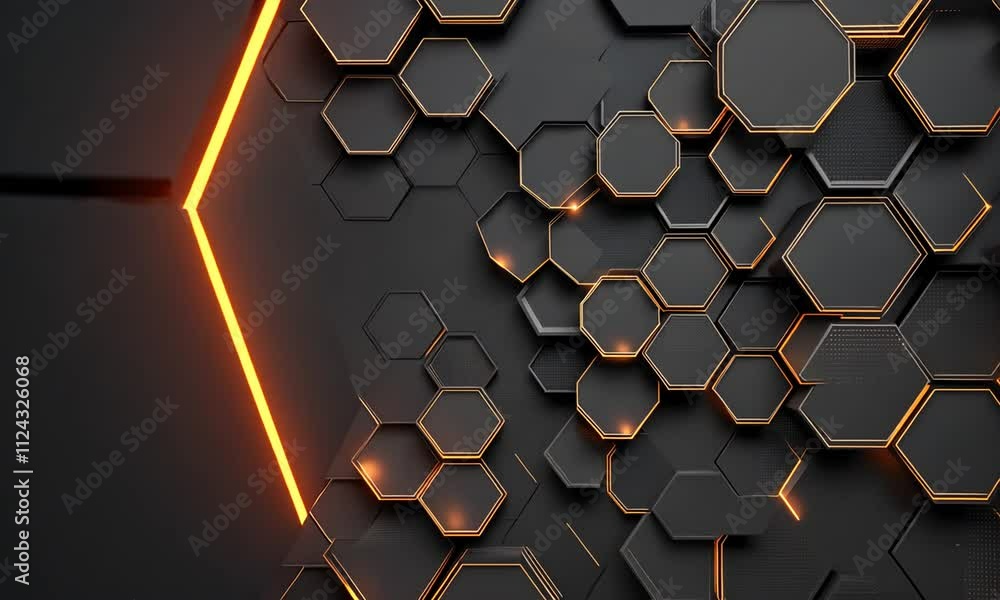 Poster Abstract dark hexagon pattern with orange glow.