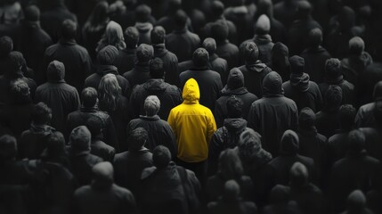Obraz premium Yellow silhouette of couple standing in monochrome crowd of different people,surreal unique and different concept,loneliness in society,shadow,freedom,Love,be yourself,Stand out from the crowd.