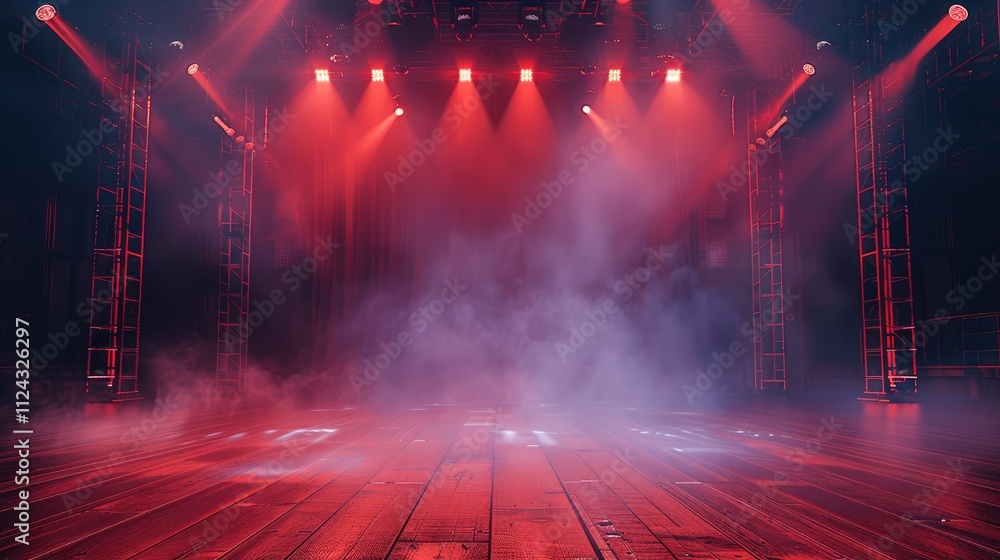 Poster a large concert stage with spotlights and fog, illuminated by red lights. in the center of the frame