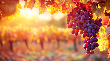 Wide view of autumn vineyard with colorful leaves and ripe grapes ready to harvest