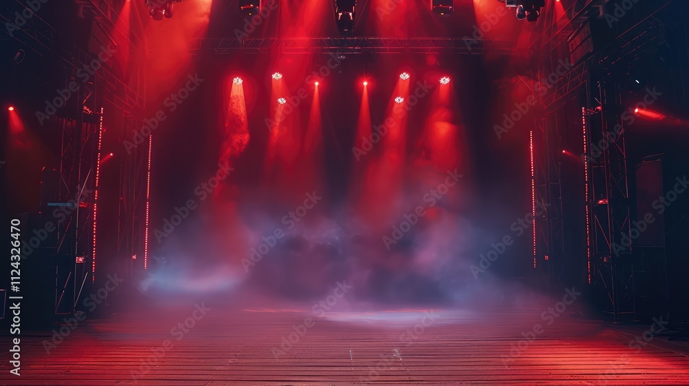 Poster a large concert stage with spotlights and fog, illuminated by red lights. in the center of the frame