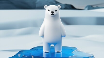 A cute cartoon polar bear stands on a melting ice floe, symbolizing climate change and endangered arctic wildlife.