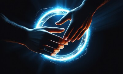 Futuristic handshake: illuminated hands creating an electric glow circle